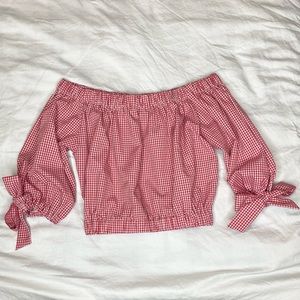 Zara Red Gingham Off Shoulder Bow Tie Top